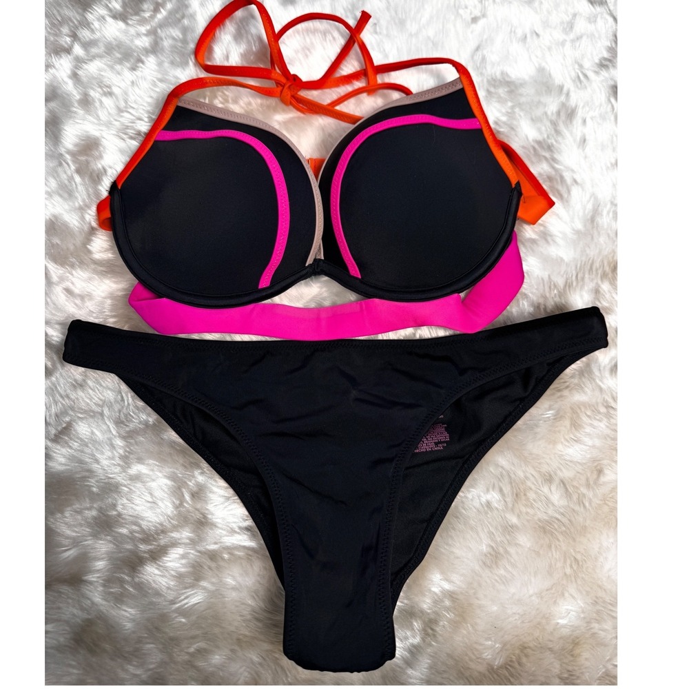 Victorias Secret The Hottie Halter Push Up Bikini Set Black Neon Pink 34C Small